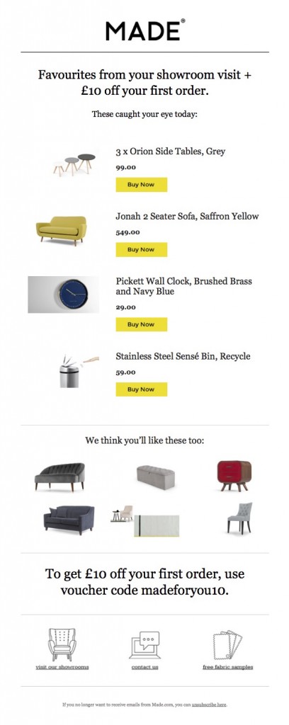 Made.com email following showroom visit